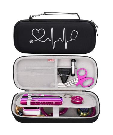 BOVKE Hard Stethoscope Case for 3M Littmann Classic III Lightweight II S.E Cardiology IV Diagnostic MDF Acoustica Deluxe Stethoscopes - Extra Room for Taylor Percussion Hammer and Penlights Black