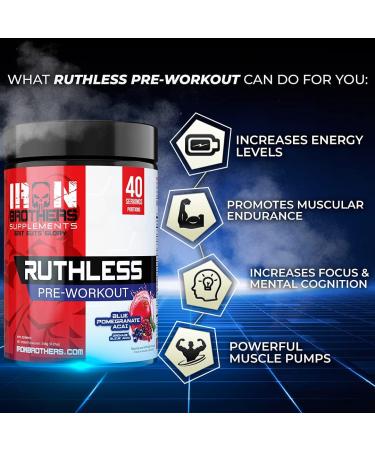 Iron Brothers Supplements Ruthless Pre workout Powder for Women & Men | Creatine-Free Nitric Oxide Booster | Energy & Focus | Workout Supplement Bulk Pre-Workout | 40 Servings (Pomegranate Acai) - Buy Online on SooperMarket.com