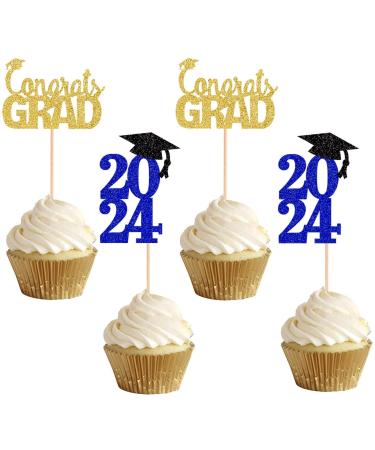 48-Pack Glitter Blue 2024 Graduation Cupcake Toppers Cupcake Toppers Cake Toppers for 2024 Graduation Party Decorations