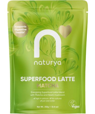 Naturya Energizing Matcha Superfood Latte Blend 250g - Creamy Vegan & Gluten-Free Matcha Green Tea with Coconut Milk Reishi Mushroom Live Bio Cultures & Seaweed Calcium for Digestion & Bone Health