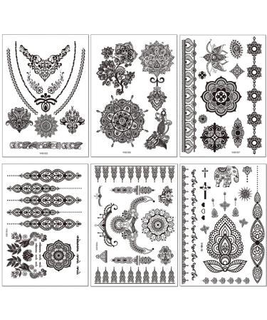 Black Henna Temporary Tattoos Set - Sexy Lace, Indian Mandala, Elephant, Flower Chain Designs - Waterproof Body, Arm, Face Decals for Wedding Party - 6 Sheets - Buy Online on SooperMarket.com