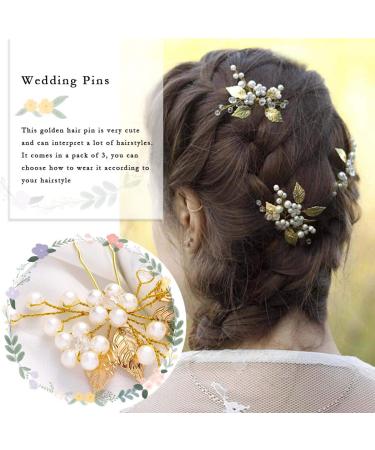 Gorais Pearl Bride Wedding Hair Pins - Leaf Bridal Hair Pieces Rhinestone Hair Clips (Pack of 3) - Gold Accessories for Women and Girls - Buy Online on SooperMarket.com