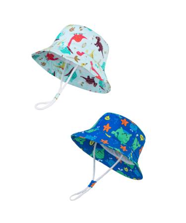 LANGZHEN Beach Sun Protection Hat for Baby Girls Adjustable Toddler Kids Hat Wide Brim Summer Play Hat with Chin Strap Colorful Dinosaur+Blue-Whale 6-12 Months