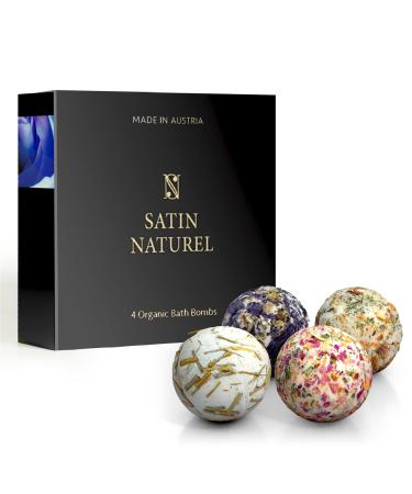 Birthday Gifts for Her 4X Handmade Bath Bombs - Organic Bath Bombs for Women with Natural Essential Oil and Bio Shea Butter - Birthday Gifts for Mum Sister Women Gifts - Gift Box by Satin Naturel 4 Count (Pack of 1)