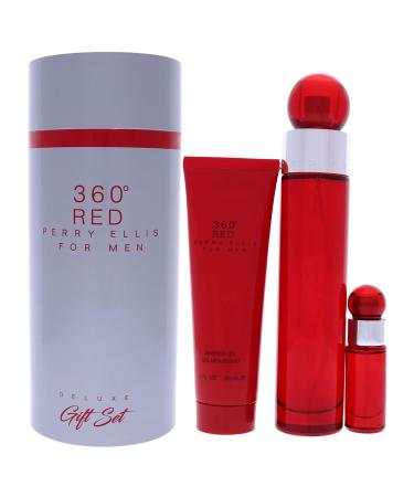 Perry Ellis 360 Red Men 3.4oz EDT Spray 7.5ml EDT Mini Spray 3oz Shower Gel 3 Pc Gift Set