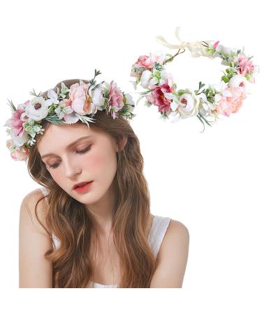 AWOCAN Women Flower Crown Headband Flower Headpiece Floral Crown Wedding Bridal Hair Garland Adjustable Flower Hair Wreath Crown for Women (WHITE+PINK-A)