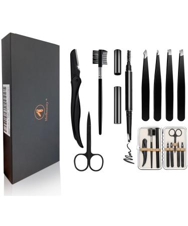 Holesto 8 Set eyebrows tweezers - tweeters - plucking the eyebrows - tweezers set with eyebrow pencil - eyebrow brush - scissors and 4 different tweezers including case bag pocket