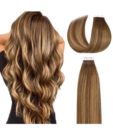 Lacer Hair Tape on Hair Extensions Remy Human Hair 20 Pieces 50 Grams Balayage Chocolate Brown to Caramel Blonde Highlights with Chocolate Brown Roots Tape in Hair Extensions 16 Inch R4-4/27 16 Inch R4-4/27 Rooted Choc...