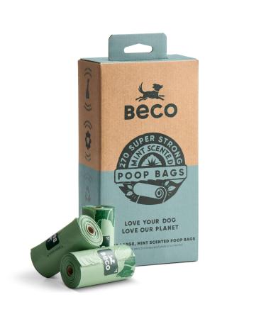Beco Strong & Large Poop Bags - 270 Bags (18 Rolls of 15) - Mint Scented - Dispenser Compatible Dog Poo Bags 15 Count (Pack of 18)