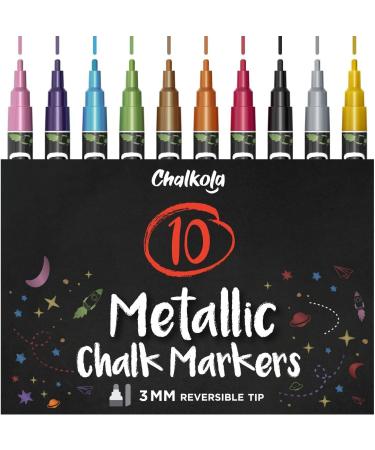 Metallic Liquid Chalk Markers Fine Tip - Dry Erase Marker Pen for Chalkboard Signs, Windows, Blackboard, Glass - 3mm Reversible Tip (10 Pack) Fine Tip - 3mm