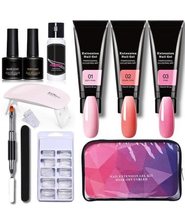 Gel Nail Polish Set with Lamp Starter Kit 3 Colors Pink Nude Gel Nail Polish Set Gel Nail Extension Kit No Wipe Base & Top Coat Gel Nail Kit Gift for Beginner DIY at Home