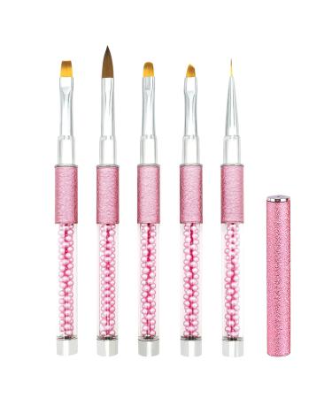5PCS Nail Art Brushes Set for Gel Nail with Lid and Pearl Handle LEA-SHALL Liner/Acrylic/Flat/Round/Angled UV Builder Nail Painting Pen Kit Fine Brush DIY Decoration Home Salon Design Rose Red 5PCS Rose Red Brushes Set