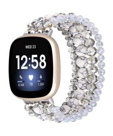 Bracelet Band Compatible with Fitbit Versa 3/Fitbit Sense for Women and Girls, Fashion Handmade Beaded Elastic Stretch Replacement Wristband Pearl Straps for Versa 3 Smartwatch (White/Grey)
