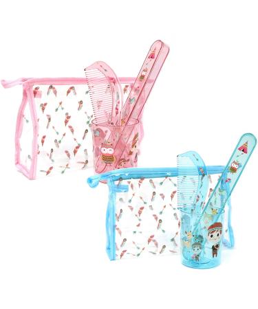 Com-Four 8-part travel set for children-toothbrush mug toothbrush case comb and zip pocket with an Indian motif-hygiene bag with accessories (08-part set-pink/blue)