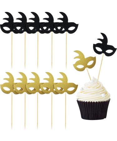 48 Pieces Masquerade Masks Cupcake Topper Glitter Mask Cake Topper Picks Dessert Cupcake Toppers for Masquerade Mardi Gras Party Baby Shower Birthday Party Decorations (Gold and Black)