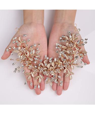 YERTTER Wedding Bridal Big Flower Vine Leaf Hair Band Rhinestone Headband Flowaer Wedding Head Pieces for Bride Bridesmaid Flower Girl Wedding Prom Brithday Party (Gold)