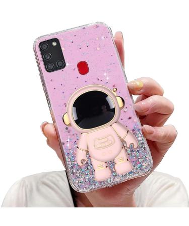 Tivenfezk nadoli for Samsung Galaxy A21S astronaut hidden standing caricature glitter stand soft silicone bling transparent protective cover samsung galaxy a21s pink