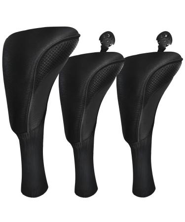 Golf Club Head Covers for Fairway Woods Driver Hybrids 3 Pieces Long Neck Mesh Sports Fan Golf Club Headcovers Set with Interchangeable No. Tags 3 4 5 6 7 X Golf Accessories for Men Women Black