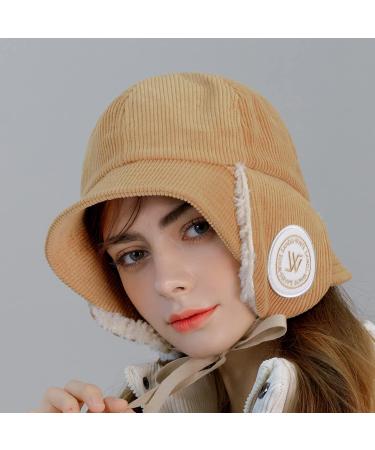 Corduroy Earmuff Bucket Hat with Ear Flaps and Chin Strap - Beige - Buy Online on SooperMarket.com