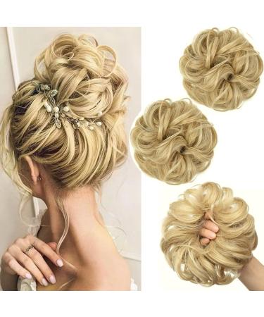 PORSMEER 2 pieces Messy Hair Buns Extensions Curly Wavy Hair Elastic Easy Scrunchies for Women Girls Large Synthetic Donut Updo Hair Pieces Hair Chignons Blonde 24/613#