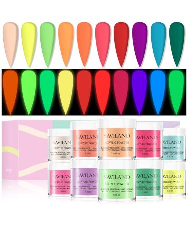 Saviland Acrylic Powder Set - Glows in The Dark Acrylic Nail Powder 10 Neon Colors Professional Polymer Powder for Acrylic Nails Extension DIY Nail Manicure Halloween Nails Design Gifts for Women A3-Glows in The Dark