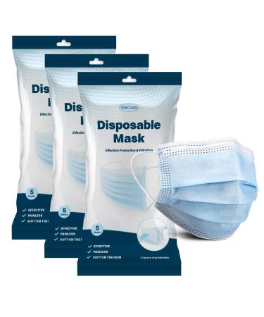 WECARE Disposable 3 Ply Face Masks - 15 Count 3 Packs of 5 - Soft on Skin - 3 Layer Protectors with Elastic Earloops - Latex Free Non Woven Single Use - Effective Filtration