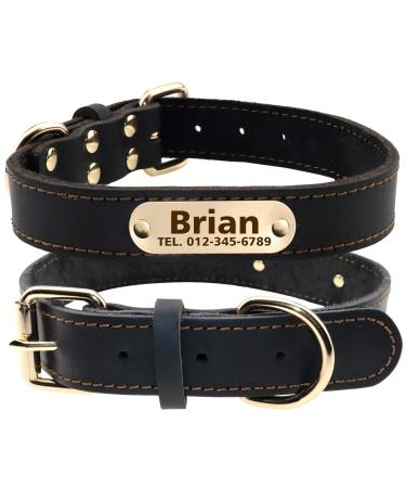 Tagme personalized dog collar made of leather with engraved name and telephone number/dog collar made of real leather for medium and large dogs/black L (1 Pack) black