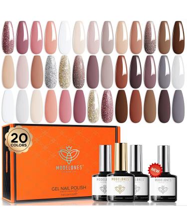 Modelones 24 Pcs Gel Nail Polish Set 20 Colors Nude Pink White Nail Polish Neutral Brown Glitter Gel Polish Set with Bond Primer Glossy & Matte Top Base Coat Soak Off LED Manicure Gifts White Glitter Brown