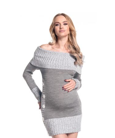 HAPPY MAMA Women's Maternity Bardot Knitted Jumper Dress Pullover Sweater. 913p 12-14 Grey