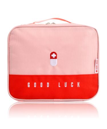Medicine bag large capacity waterproof travel pharmacy bag first help bag portable medication bag emergency bag first aid sets for home travel office (25*20*13.5cm) (pink)