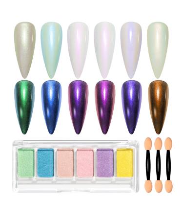 MIZHSE Chrome Nail Powder for Nails 6 Colors Mermaid Aurora Moonlight Effect Nail Art Pigment Powder for Gel Polish Nail Glitter Powder Set Mirror Effect nail Polish Easy for DIY Nail/Studio MJF002