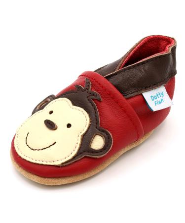 Dotty Fish Soft Leather Baby Shoes for Boys. Toddler Shoes. Non Slip. Animal Designs for Boys and Girls. 0-6 Months - 4-5 Years 2-3 Years Red Monkey