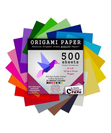Origami Craze Paper 500 Sheets, Premium Quality for Arts and Crafts, 6-inch Square Sheets, 20 Vivid Colors, Same Color on Both Sides, 100 Design E-Book Included (See back of the cover for download info)