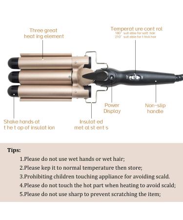 3 Barrel Curling Iron Wand- 1 Inch Ceramic Tourmaline Triple Barrels, Dual Voltage, Adjustable Temperature - Gold - Buy Online on SooperMarket.com