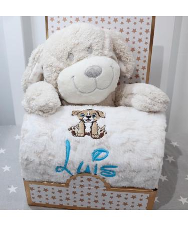 Botobaby - gift set - baby blanket with name and date of birth + motif + plush toy - Gift baptism Birth Baby Shower (beige - dog)