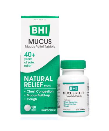BHI Mucus Natural Chest Congestion, Cough & Mucus Relief Easy Breathing Respiratory Health Support 9 Targeted Homeopathic Active Ingredients for Discomfort & Build-Up - 100 Tablets