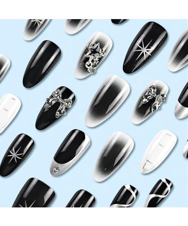 Buy Almond Press on Nails - Medium Black Ombre False Nails with 3D Bow Designs & Star Charms | Glossy Acrylic Stick-On Nails for Women - 24PCS - Buy Online on SooperMarket.com