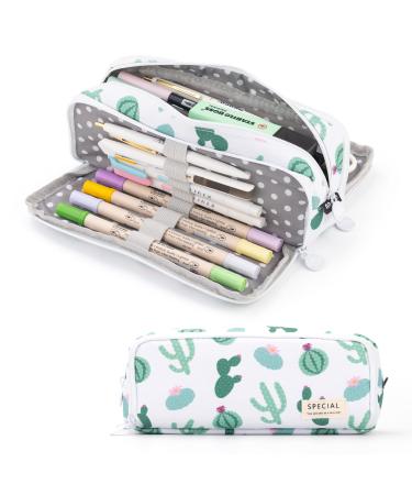 ANGOOBABY Large Pencil Case Big Capacity 3 Compartments Canvas Pencil Pouch for Teen Boys Girls School Students (Green Cactus)