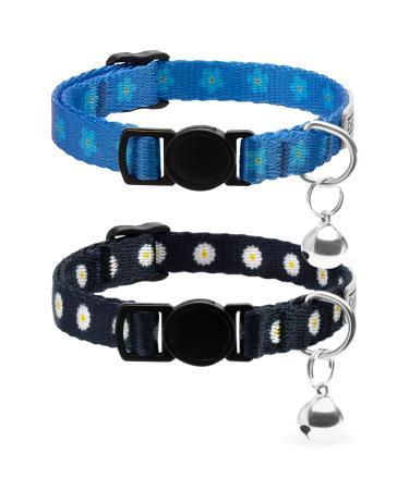 Collardirect cat collar with bell flower pattern 2-pack flower set adjustable safety neck bands for cats kitten (black + yellow)