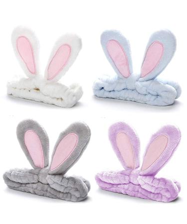 Whaline 4 Pack Easter Makeup Headband Lovely Rabbit Ear Spa Hair Band Coral Fleece Elastic Head Wrap Stretchy Headband for Party Face Washing Beauty Shower Women Girls (Blue White Gray Purple)