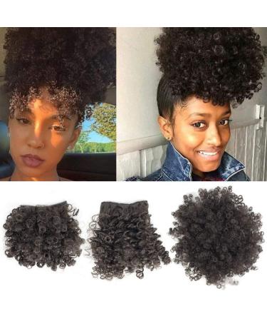 Afro Puff Drawstring Ponytail with 2 Bangs Afro High Puff Bun with Spring Curl Bangs and Afro Puff Bangs Clip in Hairpieces Pineapple Updo Ponytail with Bangs(2#) 1 ponytail+ 2 bangs #2