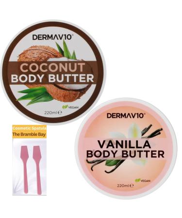 Derma V10 Coconut and Vanilla Body Butter 220ml x2 and Cosmetic Spatula x2 - Moisturising Hydrating and Nourishing Body Cream - Vegan Friendly