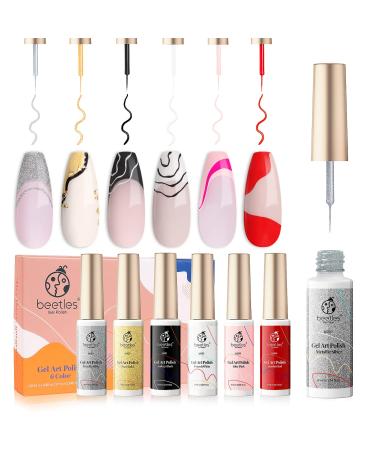 Beetles Gel Polish Nail Art Gel Liner Set-6 Popular Black White Red Colors Gel Art Paint for Swirl Nails Built Thin Nail Art Brush in Bottle Gel Pens Soak off Gold Silver Glitters Nail Art Gel Gift for Girls A-Grid Girl
