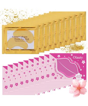 20 Pieces Lip Masks&24K Gold Under Eye Masks Crystal Collagen Gel Eye Masks Moisturizing Cherry Blossom Lip Patches Skin Care Reducing Fine Lines & Dark Circle for Puffy Eyes Birthday for Women