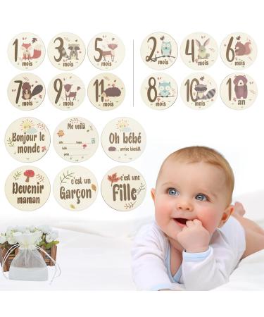 12 Pieces Baby Monthly Milestone Cards Wooden Baby Milestone Sign Baby Gift Sets First Year Growth Cards Newborn Photo Card Props Baby Birth Announcements French