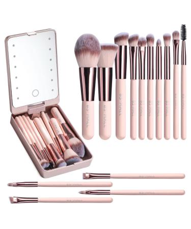 BS-MALL Travel Makeup Brush Set Foundation Powder Concealers Eye Shadows Makeup Set with LED light Mirror 14 Pcs Pink APINK