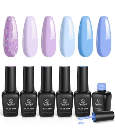 Beetles Gel Nail Polish Set 6 Colors Glitter Sky Blue Purple Gel Polish Kit Lavender Violets Gel Nail Polish Gel Nail Polish Soak off Uv LED Gel Manicure DIY Nail Home Blue Pink Purple
