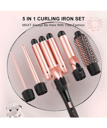 8-in-1 Beach Wave Curling Iron Wand Set for Long and Short Hair - 30s Heat-up, 5 Ceramic Barrels, 2 Heat Settings - Rosa Gold - Buy Online on SooperMarket.com