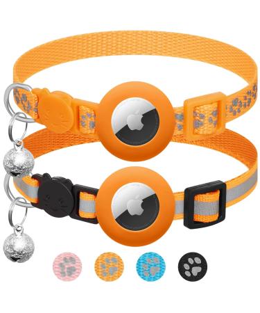 Lafayi 2 Pack Airtag Cat neck band with bell reflective GPS Tracker cat Apple Airtag case personalized Airtag collar cat with safety clasp cat collar orange