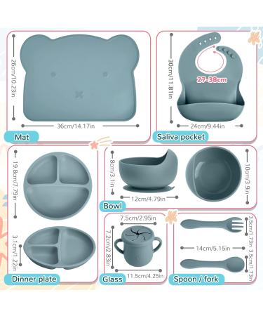 8 Pack Silicone Baby Feeding Set - Divided Plate, Bibs, Suction Bowl, Placemat, Spoon, Fork, Cup with Straw - Toddler Tableware Set (Dusty Blue) - Buy Online on SooperMarket.com